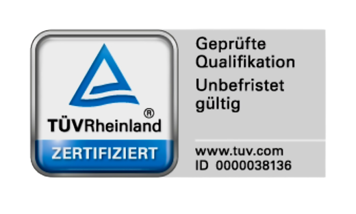 TÜV Rheinland ZERTIFIZIERT – persönlich geprüfte Qualifikation, ID 0000038136