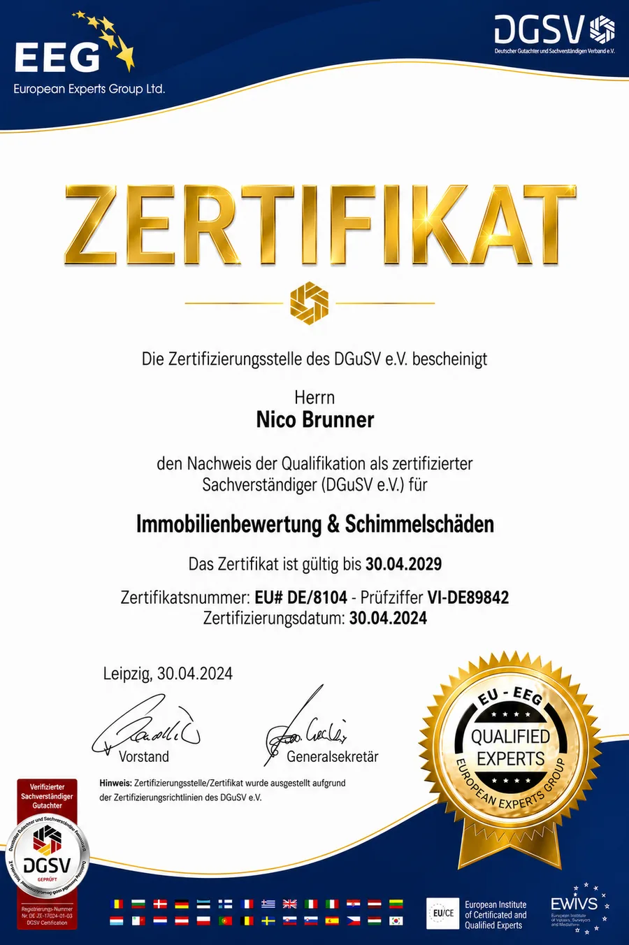 DGSV-Urkunde unseres Sachverständigen für Immobilienbewertung sowie Feuchte- und Schimmelschäden DGSV-Urkunde unseres Sachverständigen für Immobilienbewertung sowie Feuchte- und Schimmelschäden