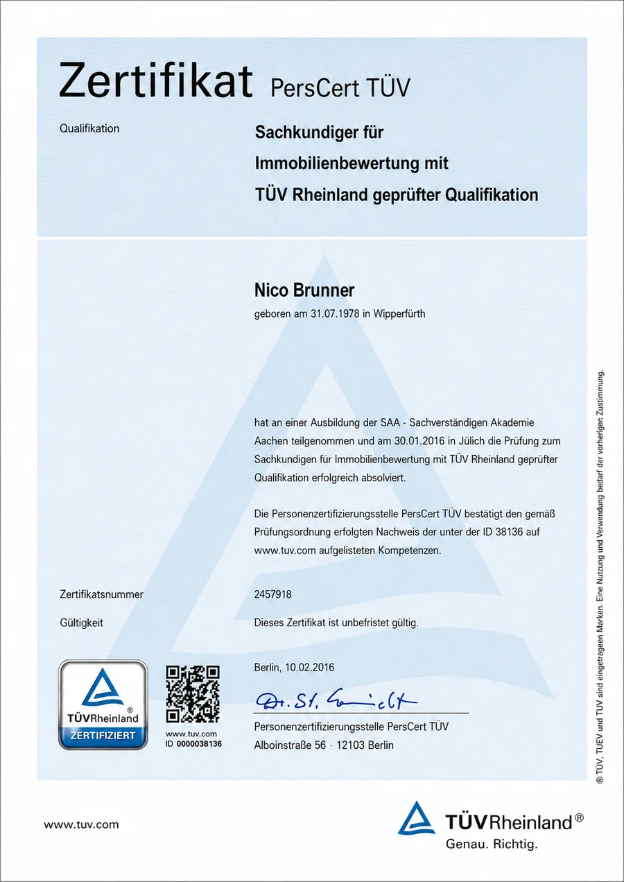 PersCert-TÜV-Urkunde unseres Bausachverständigen als Sachkundiger für Immobilienbewertung – begleitet Baufamilien in Österreich PersCert-TÜV-Urkunde unseres Bausachverständigen als Sachkundiger für Immobilienbewertung – begleitet Baufamilien in Österreich
