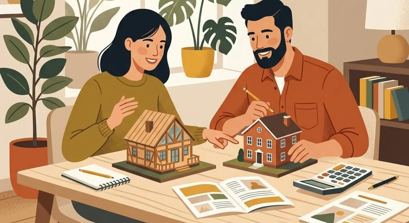 Illustration eines Paares, das zwei Hausmodelle und Unterlagen vergleicht — Symbolbild für die Entscheidung zwischen Fertighaus und Massivhaus