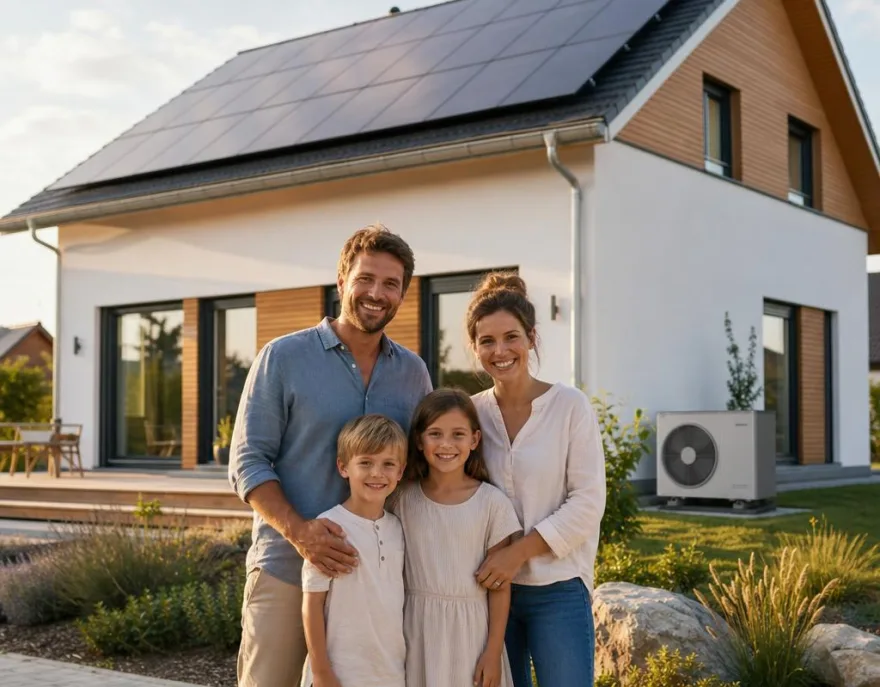 Junge Familie vor ihrem Fertighaus-Neubau mit Photovoltaik und Wärmepumpe – gute Ausgangslage für die Wohnbauförderung der Länder