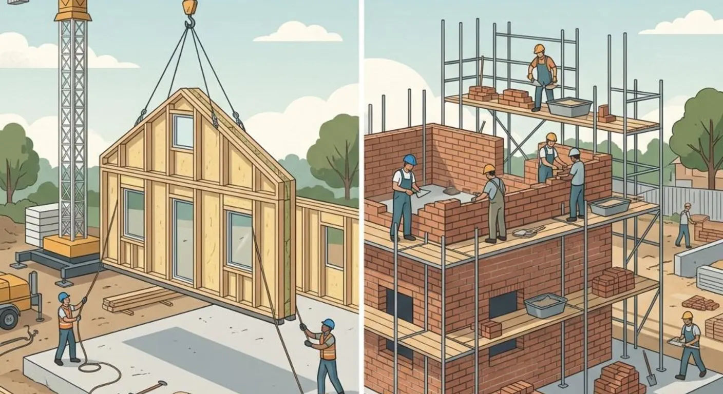 Illustration im geteilten Bild: links die Kran-Montage eines Fertighaus-Wandelements, rechts ein Ziegel-Massivbau — Symbolbild für die Entscheidung Fertighaus oder Massivhaus