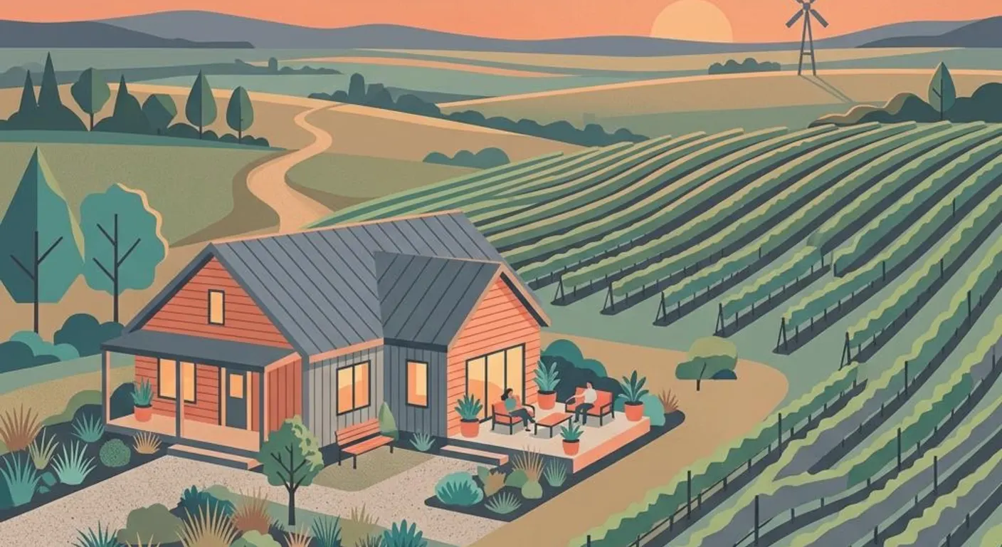 Illustration eines eingeschossigen Wohnhauses in sanfter Ebene mit Weinreihen und Windrad am Horizont als Symbolbild für die Wohnbauförderung im Burgenland