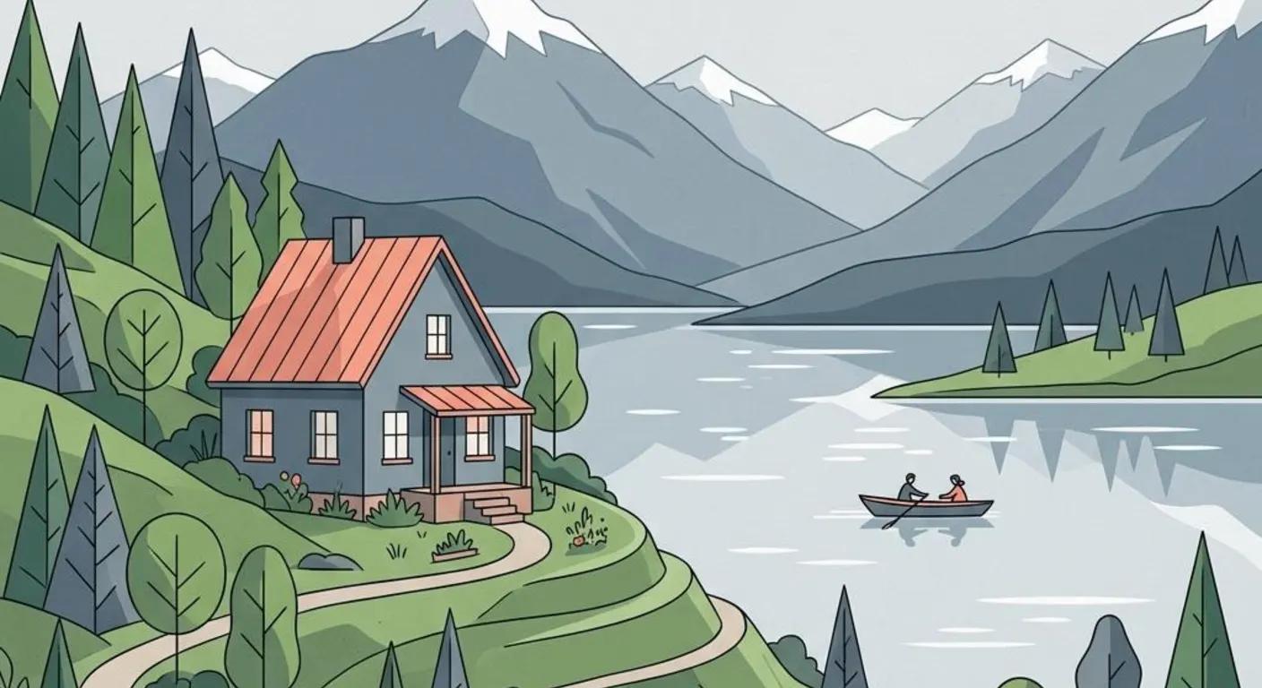 Illustration eines Einfamilienhauses an einem Seeufer vor Bergkulisse als Symbolbild für die Wohnbauförderung in Kärnten