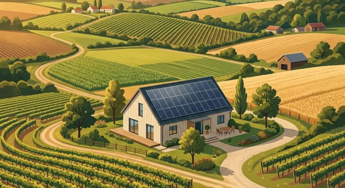 Illustration eines Einfamilienhauses mit Photovoltaikdach in hügeliger Landschaft als Symbolbild für die Wohnbauförderung in Niederösterreich