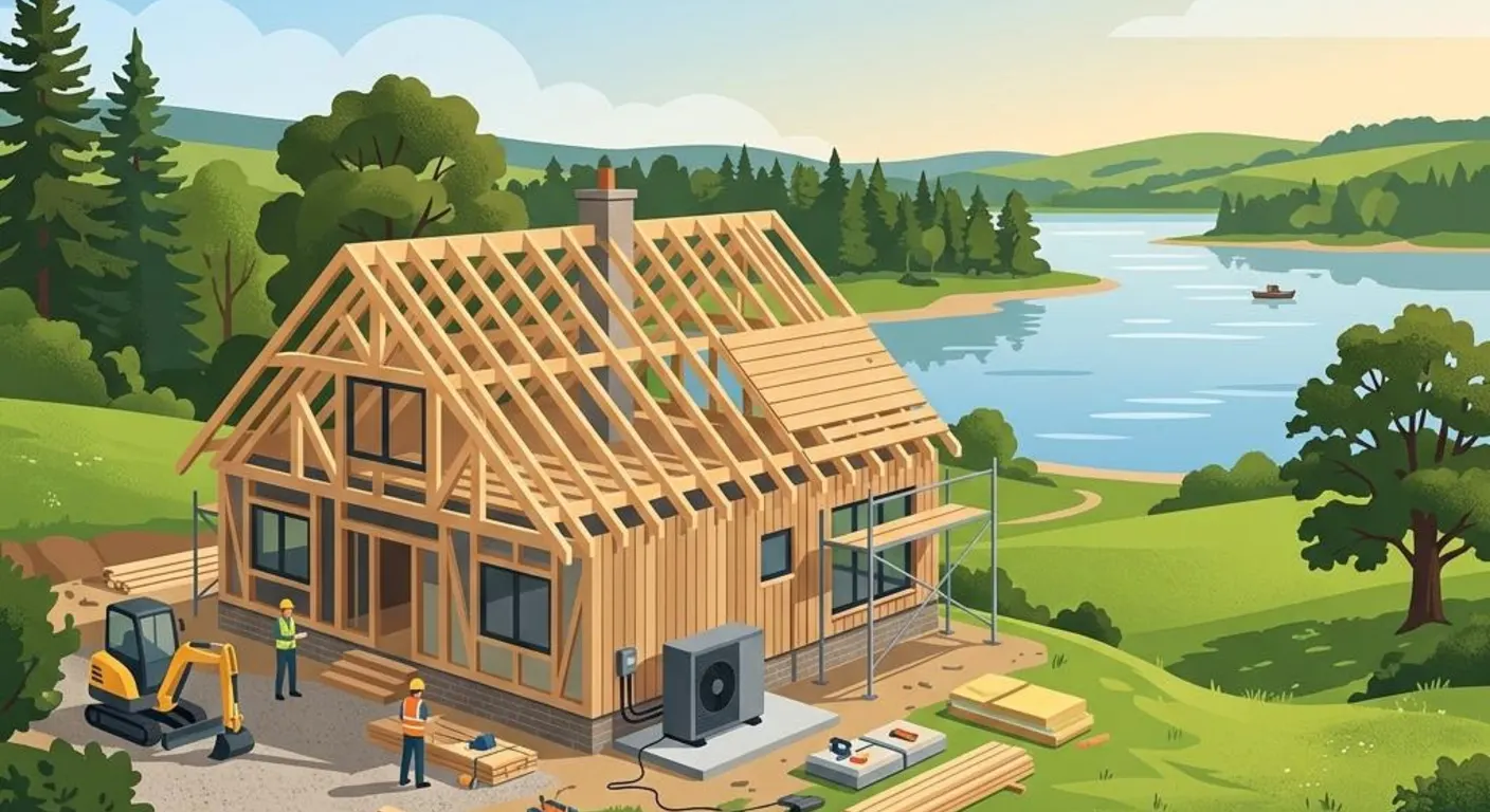 Illustration eines Hausrohbaus mit Dachstuhl und Wärmepumpe vor einem See als Symbolbild für die Wohnbauförderung in Oberösterreich