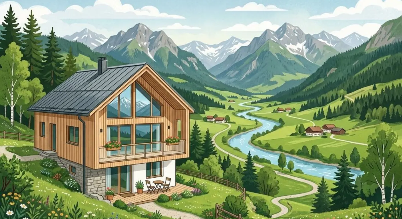 Illustration eines Neubaus mit Lärchenholz-Elementen in einem grünen Alpental als Symbolbild für die Wohnbauförderung in Salzburg