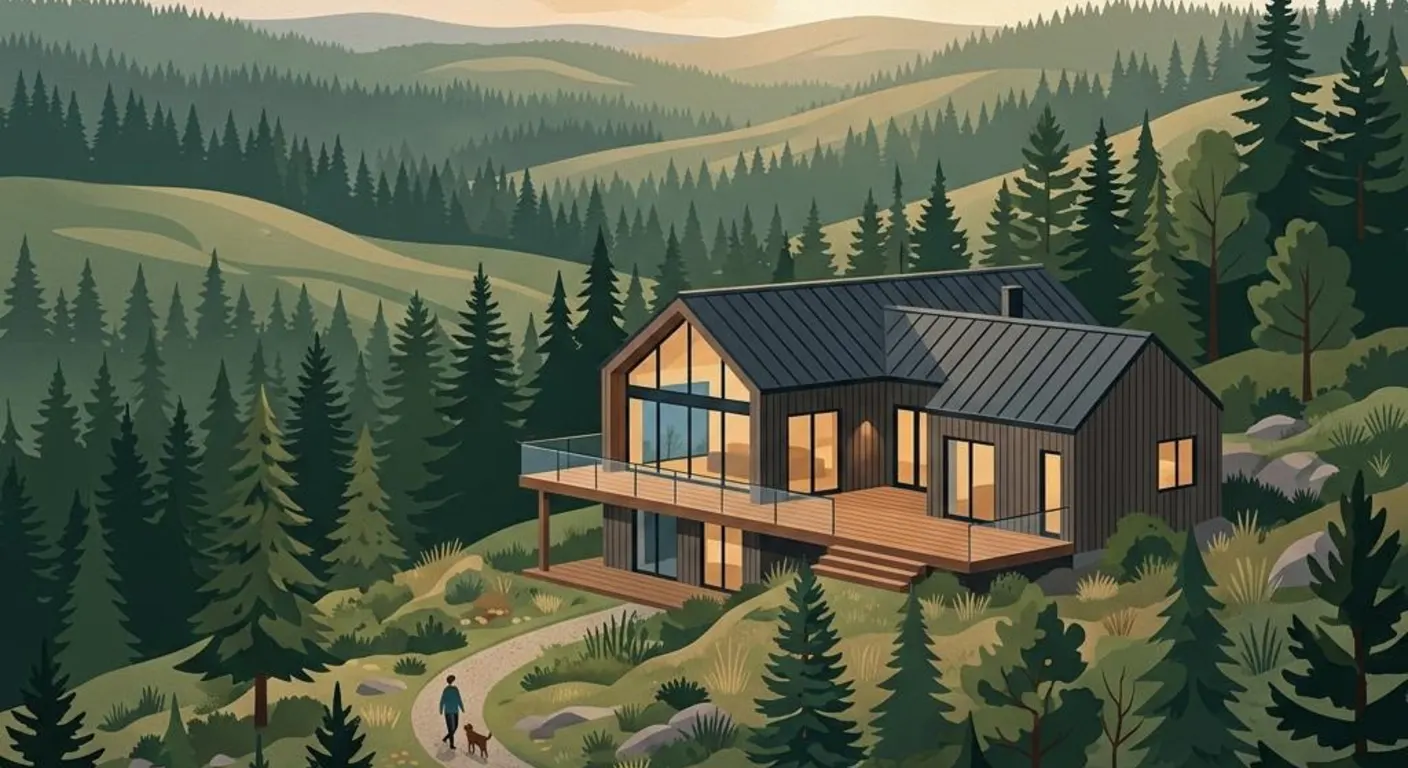 Illustration eines Einfamilienhauses mit Holzfassade an einem bewaldeten Hang als Symbolbild für die Wohnbauförderung in der Steiermark