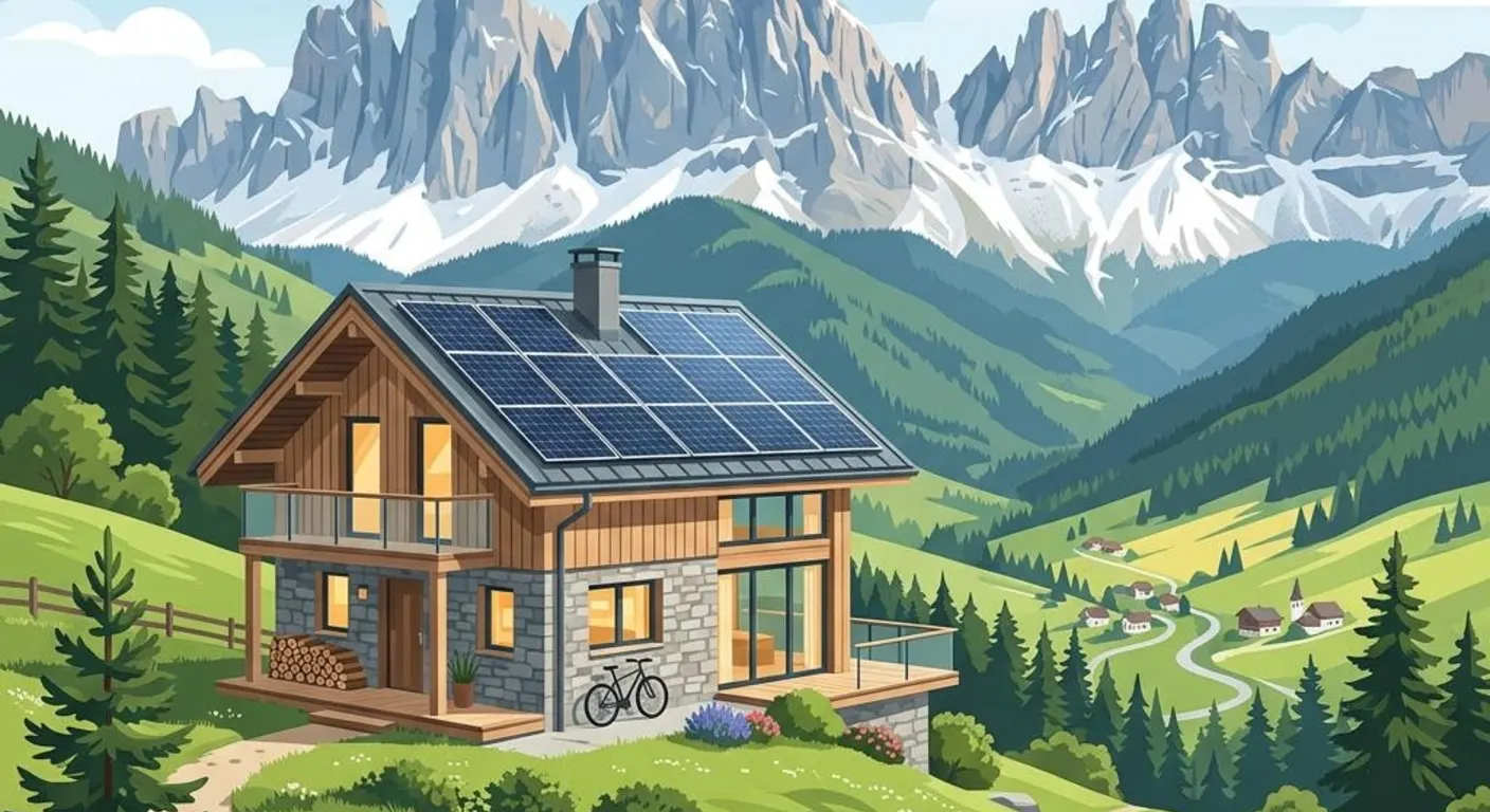 Illustration eines kompakten Neubaus mit Photovoltaik vor Bergkulisse als Symbolbild für die Wohnbauförderung in Tirol