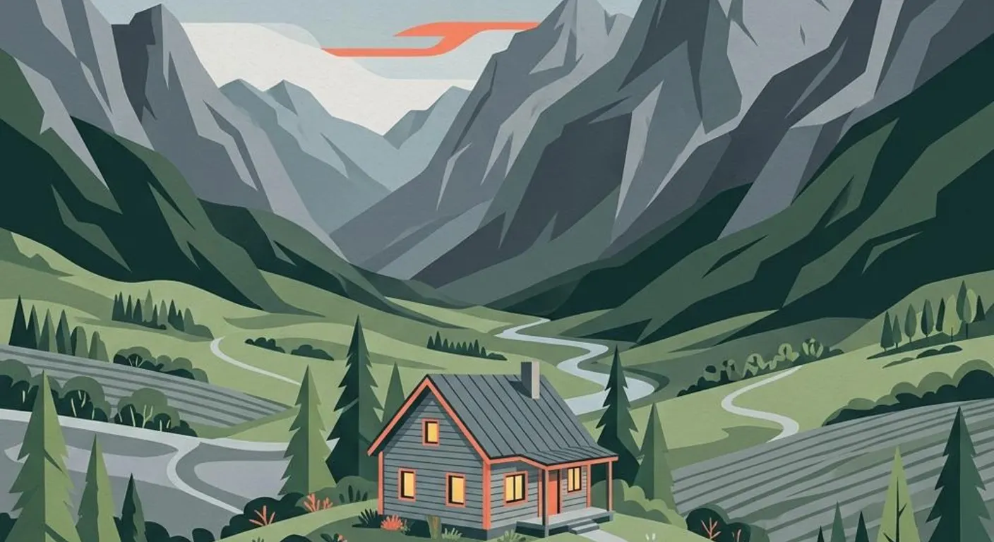 Illustration eines holzverkleideten Einfamilienhauses in einem Tal vor steilen Bergkämmen als Symbolbild für die Wohnbauförderung in Vorarlberg