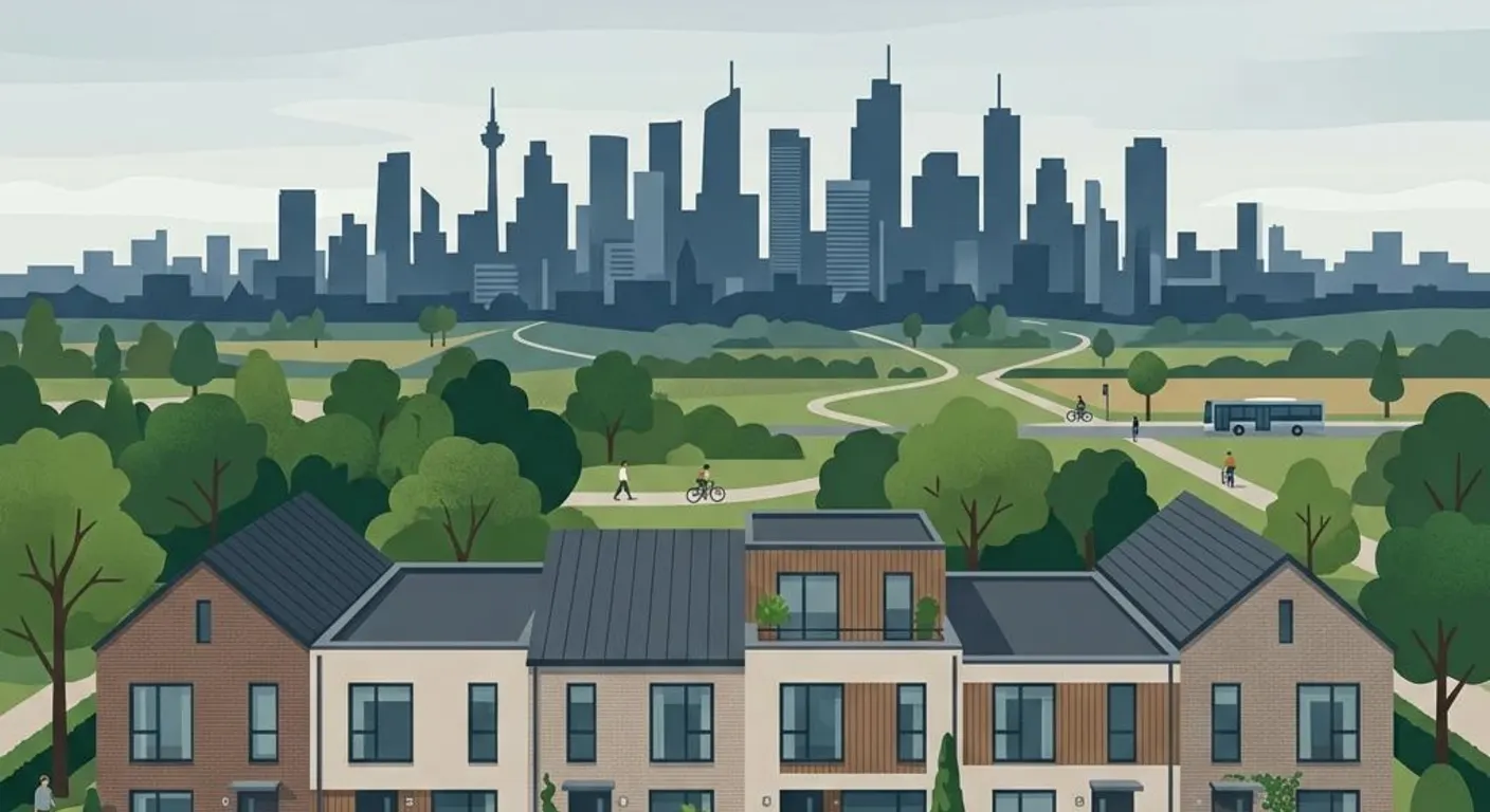 Illustration einer Reihenhaus-Siedlung am grünen Stadtrand als Symbolbild für die Wohnbauförderung in Wien