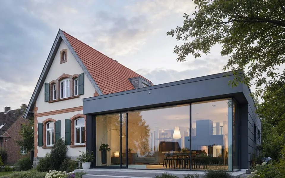 Moderner Flachdach-Anbau mit Glasfront am Bestandshaus in Österreich – Modulerweiterung mit klarem Budget 2026