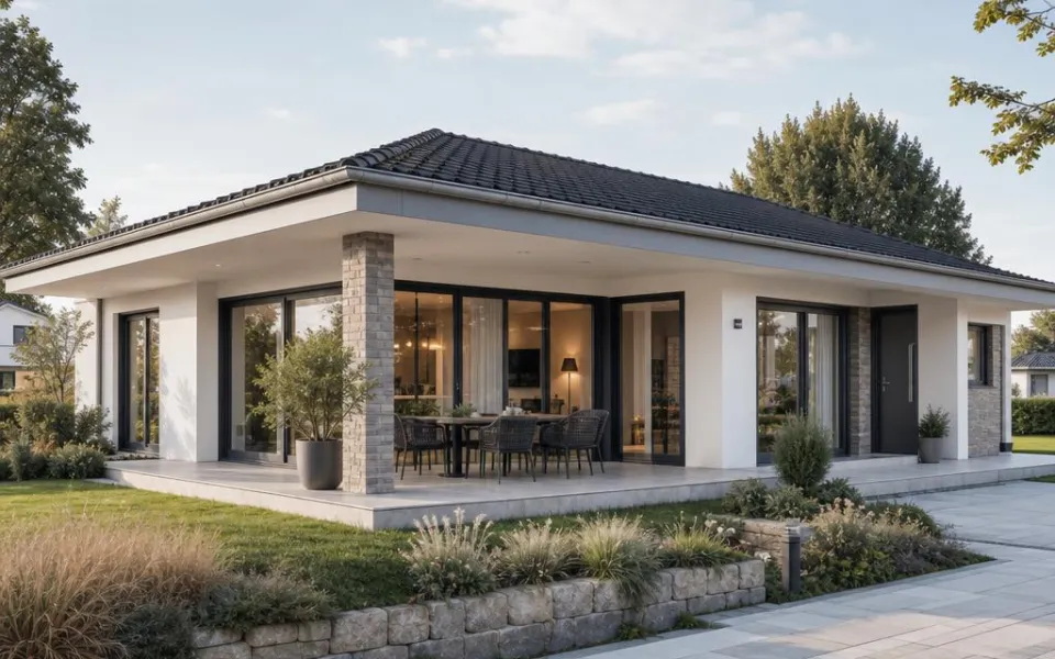 Ebenerdiger Bungalow als Fertighaus in Österreich mit überdachter Terrasse und bodentiefen Fenstern – barrierefrei 2026