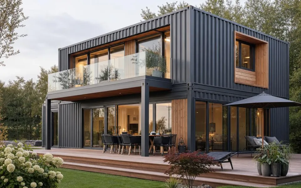Containerhaus mit anthrazitfarbener Fassade, Holzdeck und Glasschiebetüren in Österreich – Kostenbeispiel 2026