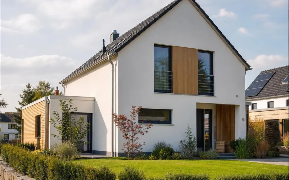 Frei stehendes Einfamilienhaus als Fertighaus in Österreich mit Satteldach und Holzdetails – Preisbeispiel 2026