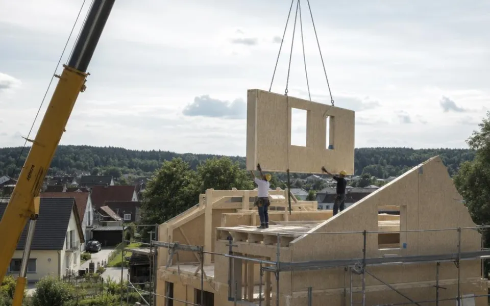 Fertighaus-Montage in Österreich: Kran setzt vorgefertigtes Wandelement – vom Werk zur Baustelle in wenigen Tagen 2026