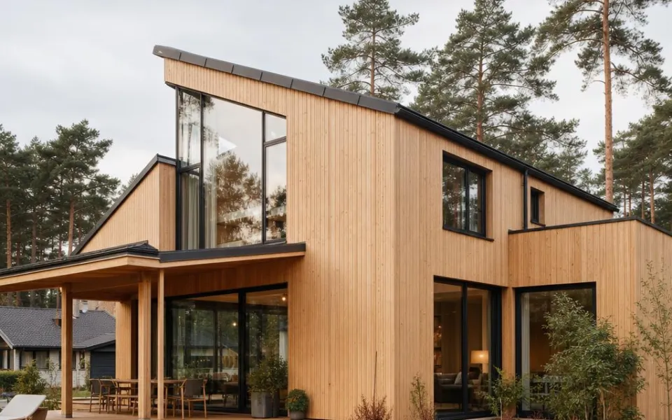 Holzhaus als Fertighaus in Österreich mit naturheller Holzfassade im alpinen Stil – Quadratmeterpreise Holzbau 2026