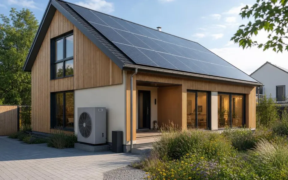 Niedrigstenergiehaus in Österreich mit vollflächigem Photovoltaik-Dach und Wärmepumpe – förderfähiger Neubau 2026
