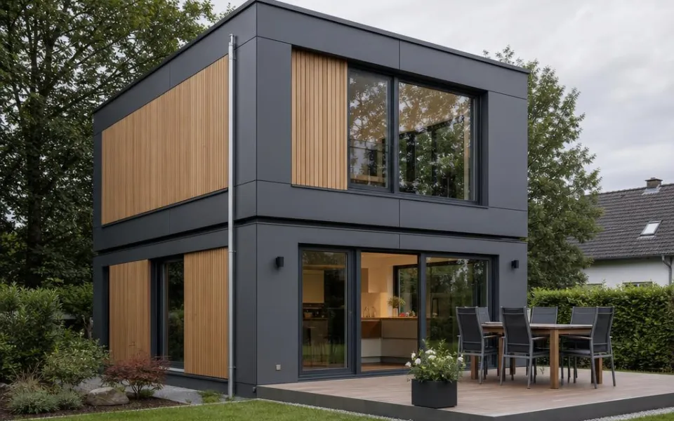 Modulhaus aus zwei gestapelten Raummodulen mit Anthrazit-Holz-Fassade in Österreich – schlüsselfertige Modulpreise 2026