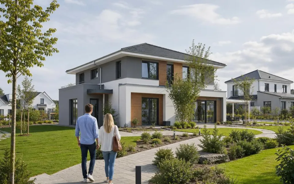 Paar unterwegs durch einen Musterhauspark in Österreich zu einem modernen Ausstellungshaus – Besichtigung planen 2026