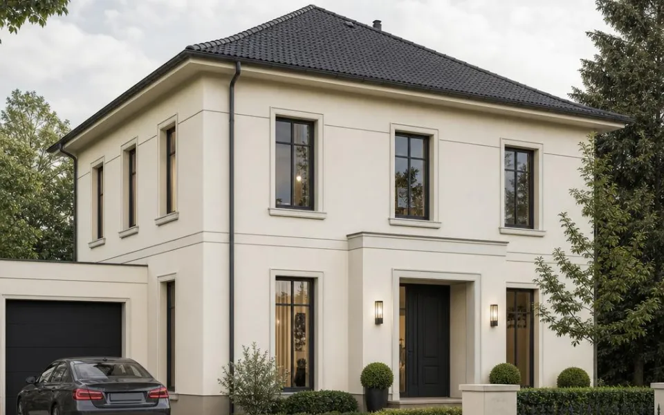 Stadtvilla als Fertighaus in Österreich mit Walmdach und zwei Vollgeschossen – Baukosten und Preisbeispiel 2026