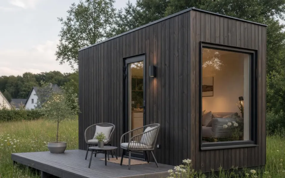 Tiny House mit dunkler Holzfassade und kleiner Terrasse in Österreich – Kleinhaus-Preise kompakt erklärt 2026