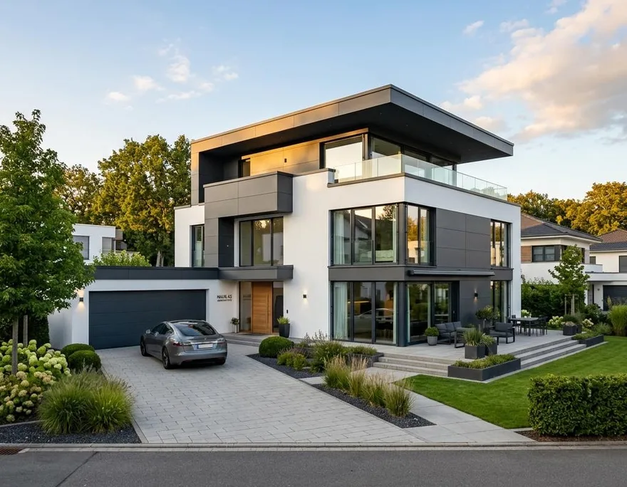 Modernes Fertighaus mit klarer Architektur als Beispiel für einen Neubau in Österreich