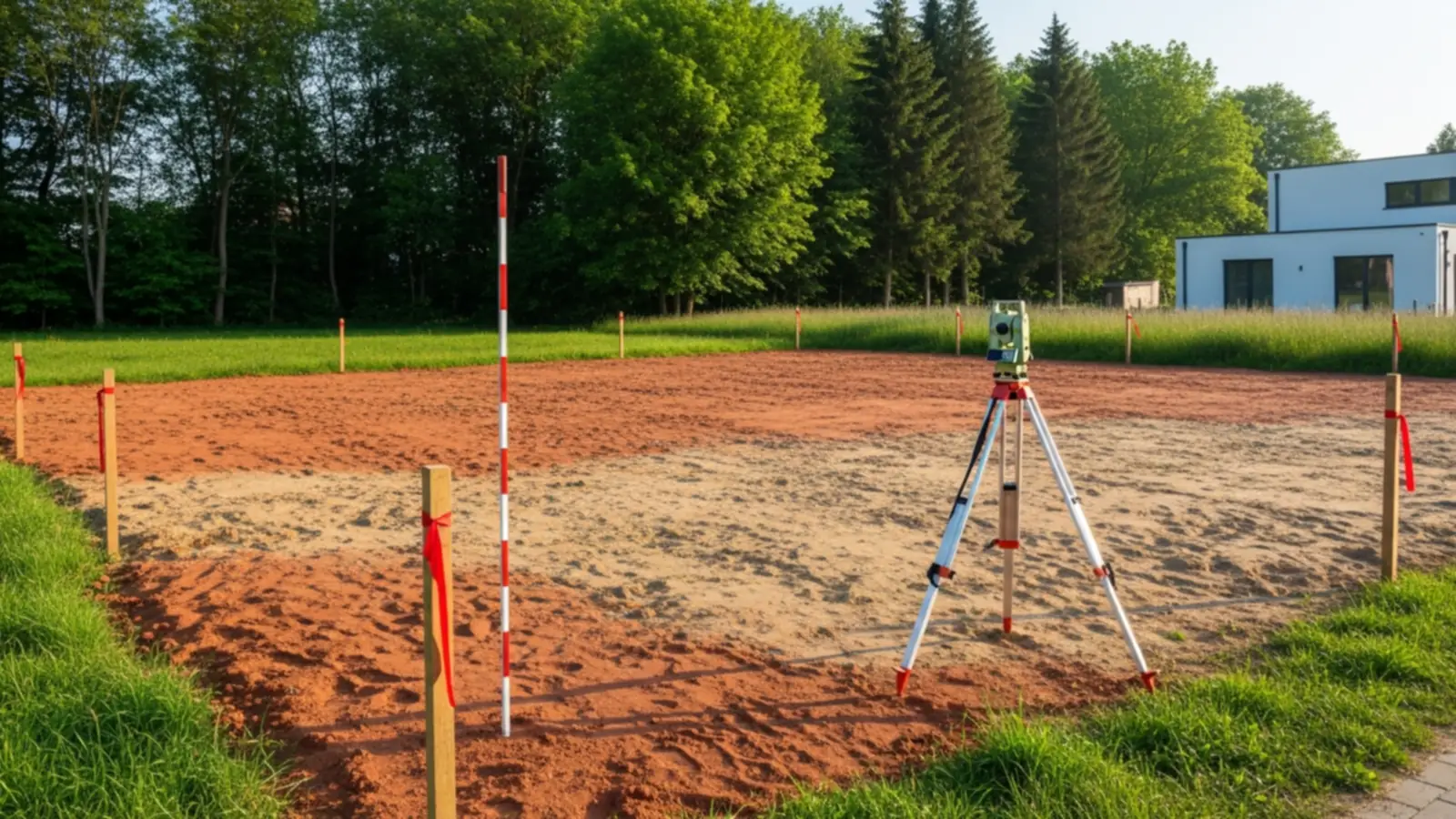 Als Bauland gewidmete Parzelle mit Vermessungspunkten in Österreich – Basis der Gesamtkosten fürs Fertighaus
