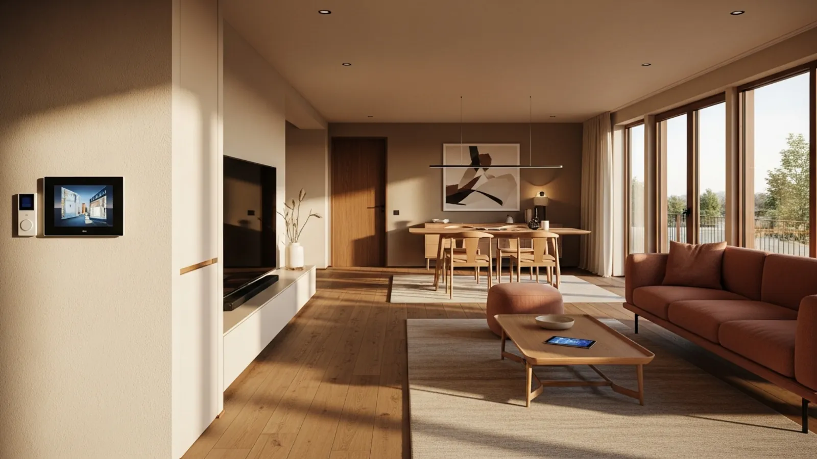Wohnzimmer eines österreichischen Fertighauses mit Bedienpanel – Preisrahmen für Smart-Home im Neubau